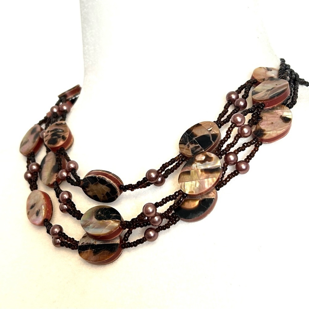 Multi Layer Shell Wood And Glass Beaded Choker Style Necklace